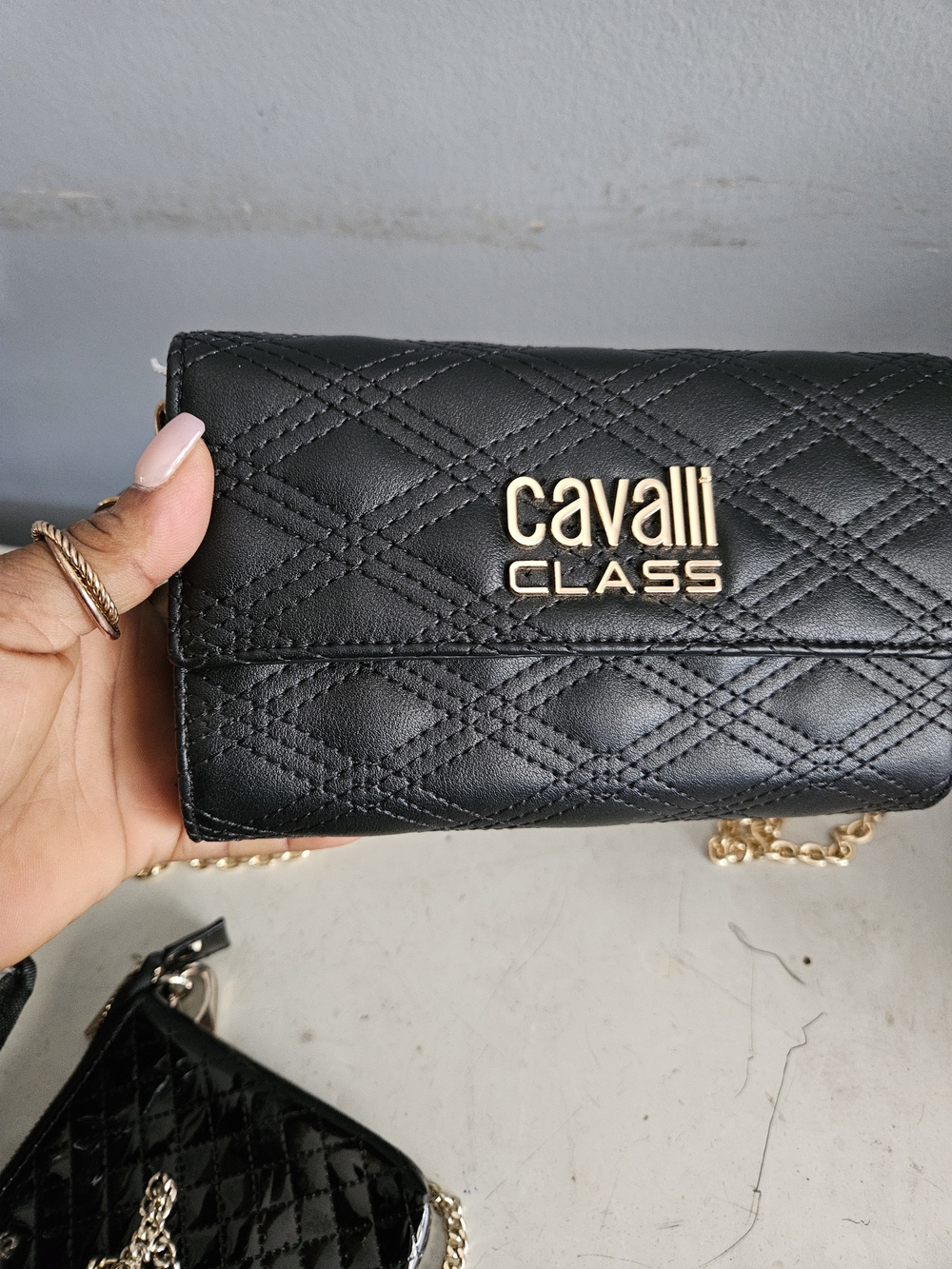 Cavalli Class Black Quilted Flap Wallet with Gold Logo